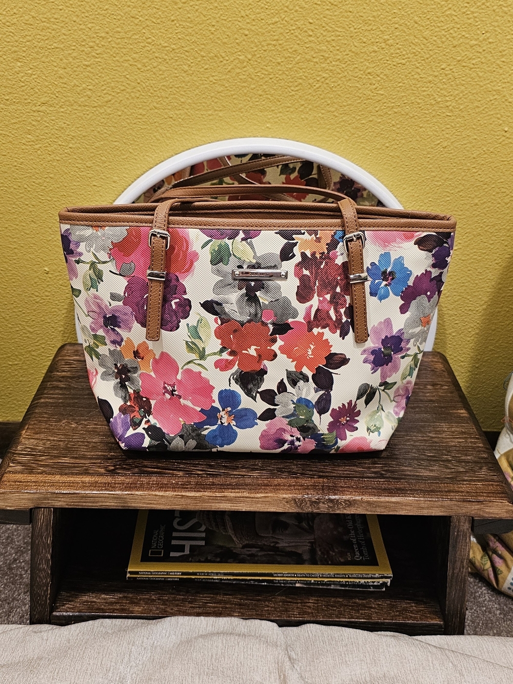 Nine West Floral Tote with Tan Trim and Multicolor Blooms